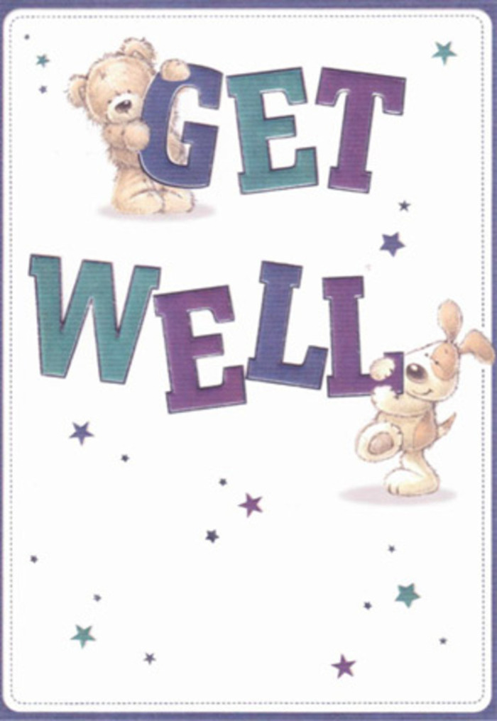 This delightful get well card, cherished by residents of Bellingham, radiates an uplifting blend of comfort and whimsy. At the centre, a kind-hearted teddy bear perches atop the bold, oversized word 'GET,' exuding affectionate strength and playful resilience. Close by, a spirited puppy nestles around the lower part of the word 'WELL,' its floppy ears and twinkling eyes promising unwavering companionship. The colour palette is thoughtfully chosen: deep purples and aquas give the typography dimension and energy, while a scattering of star-shaped burts in blue and teal evoke glints of light found beside the River Ravensbourne or in the gardens near Bellingham's community spaces. The crisp background adds clarity and cleanliness-an atmosphere of gentle healing. As a local florist would arrange each bloom with intention, so too have the artists layered fur textures and expressive gazes filled with reassurance. The tactile details-the bear's plushness, the puppy's soft muzzle-mirror the nurturing touch behind every bouquet from Flowers Bellingham. Altogether, the illustrated scene becomes more than just a card; it feels like a moment of kindness made real, perfectly suited for sending sincere wishes of health and happiness to anyone across the Bellingham area.