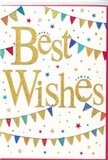 In this close view of a celebratory card, everything on the smooth white surface seems to be arranged to send a warm, glowing Best Wishes out into the world, much like a thoughtful gift delivered across Bellingham on a special day. The central focus is the phrase Best Wishes, written in elegant, looping gold script that looks gently embossed and dusted with fine glitter. The letters catch and reflect the light, giving the impression of soft, luxurious shimmer-more like the glow of evening light over Beckenham Place Park than a harsh sparkle. Framing the message, two graceful garlands of bunting stretch in arcs above and below, recalling strings of flags hung for a neighbourhood celebration along Randlesdown Road. Each tiny triangular pennant is rendered in a bright, joyful colour-shades of aqua, ruby, sunflower yellow, leaf green, and rich magenta-some with subtle stripes, dot patterns, or patchwork-style prints that create a lively, handmade feel. The flags appear to dance gently across the card, as if stirred by a light breeze at an outdoor party. Scattered around them are small star shapes and round confetti dots in matching hues with a few metallic glints, suggesting the motion of confetti tossed into the air at the very moment good news is announced. The balance of vibrant colour against the clear white background keeps the design crisp and modern while still feeling friendly and heartfelt. It is the sort of versatile, uplifting Best Wishes card that could accompany flowers for a new job, a big exam, or any fresh start in Bellingham, offering encouragement that feels both personal and celebratory.