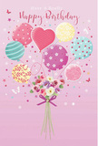 This illustration captures a softly magical birthday moment, where balloons and blooms come together in one floating celebration that feels right at home in Bellingham. Set against a smooth blush-pink background, the design centres on a hand-tied bouquet at the bottom, its flowers gathered closely like friends sharing a secret. Petite roses and anemone-like blossoms in creamy ivory, powdery blush, and muted mauve cluster together, their petals layered and slightly ruffled, giving a sense of tender volume. Wisps of pale greenery peek through, offering a fresh contrast that recalls nearby gardens and green corners of the neighbourhood. The stems are bound with a violet satin bow, its loops full and neat, the sheen suggesting careful, loving craftsmanship. From the bouquet rises an airy bouquet of balloons, as though the flowers themselves have lifted into the air with birthday excitement. Each balloon has its own personality: some swirl with candy-coloured stripes, others are sprinkled with playful polka dots, and a standout heart-shaped balloon glows gently at the centre, radiating warmth and affection. Shades of pink, sea green, lemon, and lavender flow together in a pastel symphony, reminiscent of a well-curated display in a local Bellingham florist window. Thin ribbons trail down and mingle with the flower stems, blurring the line between grounded bouquet and airborne joy. Tiny butterflies and star-like accents are scattered around, suggesting a light breeze or a moment caught mid-celebration. The whole composition feels like a bright, unforgettable birthday wish, designed to make someone feel cherished and uplifted.